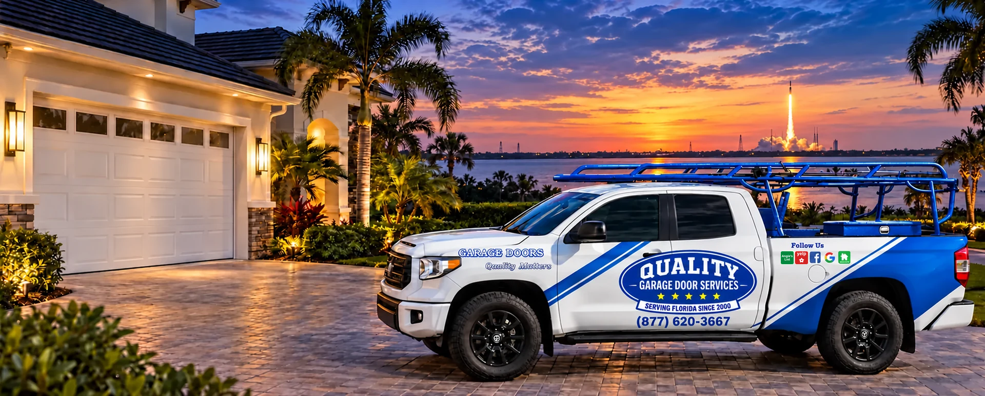 Quality Garage Door Services truck near Florida's Space Coast with a rocket launching in the distance
